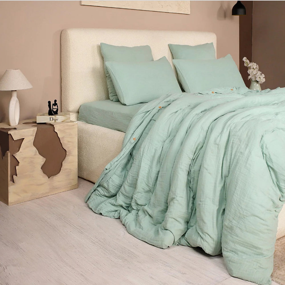 PARURE DE LIT GAZE DE COTON VERT GIVREE